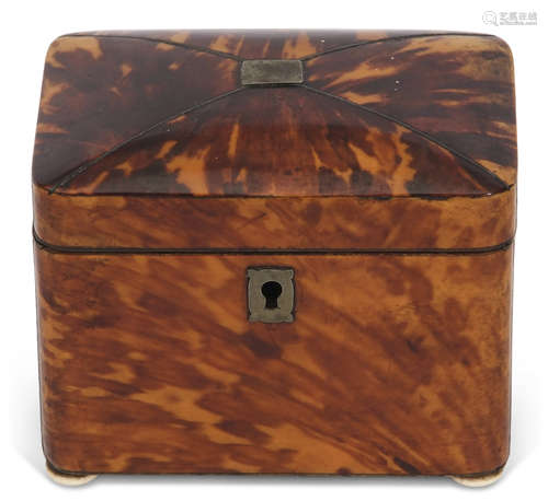 Small blonde tortoiseshell tea caddy, the lid with white metal stringing and central name plate over