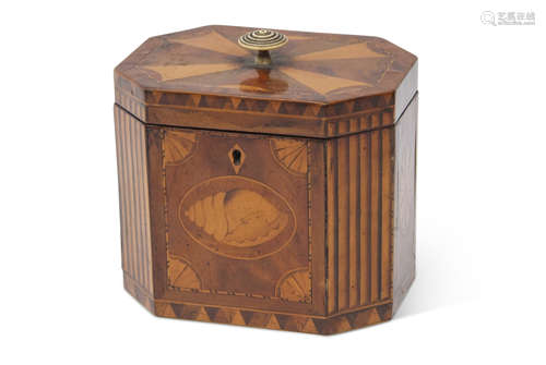 Late 18th/early 19th century marquetry inlaid mahogany caddy box of canted rectangular form with