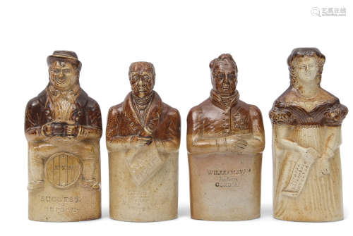 Group of four saltglaze reform flasks, Bourne Potteries, Denby and Codnor Park, Derbyshire,