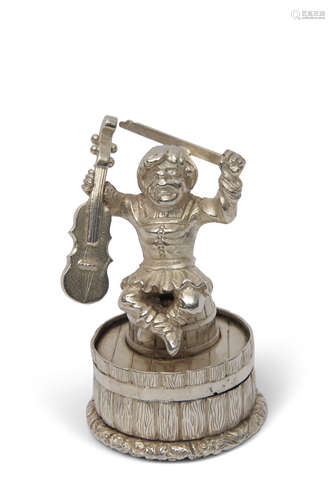 Russian bottle stopper, fiddle player on a barrel, Moscow, 84, cyrillic letters &aA, 6.5cm high x