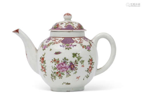 18th century Lowestoft porcelain tea pot with a polychrome design of floral sprays in so-called