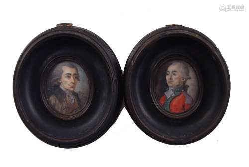 18th/19th century French School pair of oil miniatures, head and shoulders portraits of gents, one