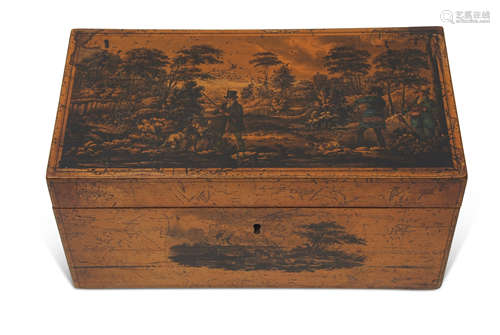 19th century satinwood caddy box of rectangular form, the lid well decorated with sporting scene