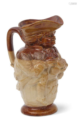 Large saltglaze model of a Jolly Toby, seated on a barrel, manufactured by Doulton, the base also