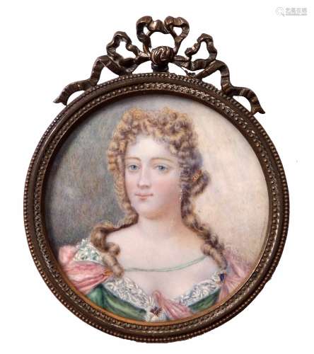English School oil miniature, head and shoulders portrait of a lady in Queen Anne period dress and