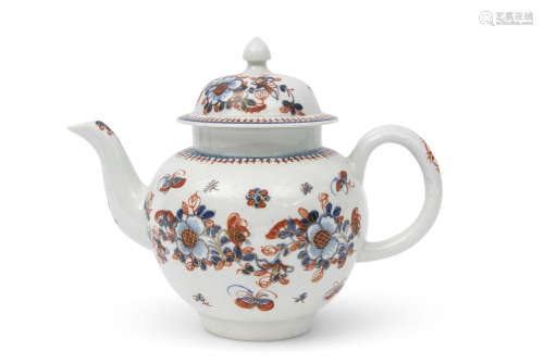 18th century English porcelain tea pot, probably Liverpool, the underglaze blue design decorated