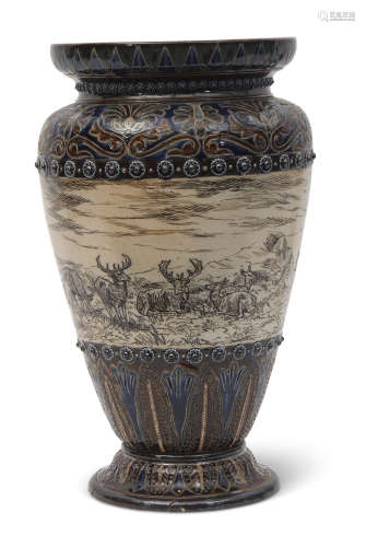 Large Doulton Lambeth vase by Hannah B Barlow, the body incised with stags and deer in a mountainous