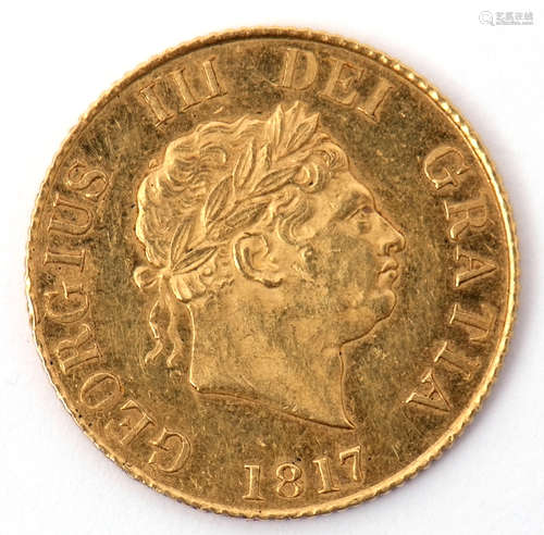 George III gold half sovereign dated 1817, Laureate head right, with date below, verso with a crown,