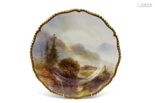 Early 20th century Royal Worcester cabinet plate finely painted with a Highland scene with cattle in