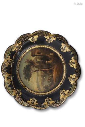 19th century lacquered cake dish applied with a pierced brass swing handle and a central panel