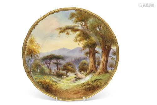 Royal Worcester cabinet plate finely painted with a pastoral scene of sheep in a mountainous