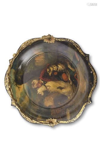 19th century lacquered cake dish of shaped circular form applied with an acorn moulded gilt metal