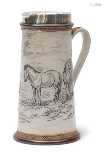 Doulton Lambeth lemonade jug with silver mounts, modelled by Hannah Barlow with an incised panel