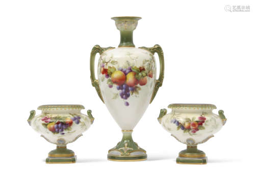 Garniture of three early 20th century Royal Worcester vases, all painted with fruit, comprising a