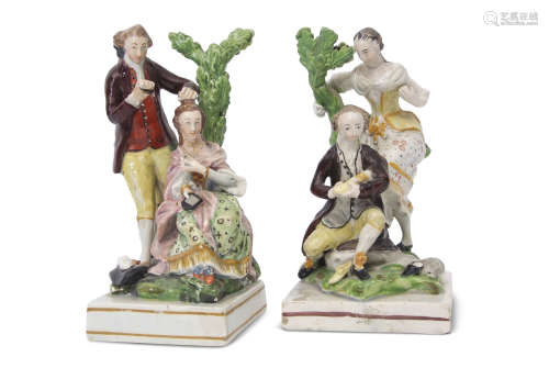 Two unusual early 19th century pearlware groups of a lady and gentleman, the gentleman combing the