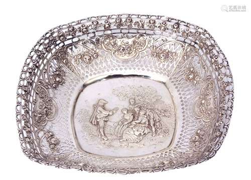 Late 19th century Continental white metal table basket of rounded square form with pierced C-