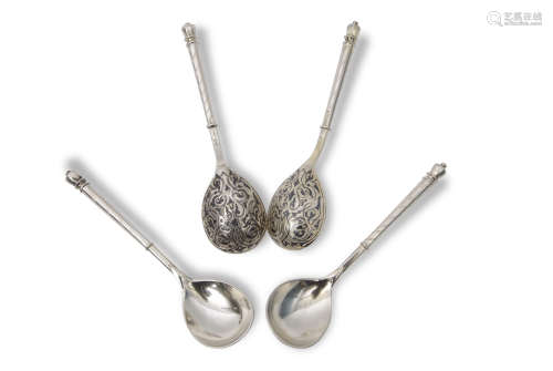 Set of four Russian silver enamelled egg spoons, S Stroganov, (assayer and some makers unclear or