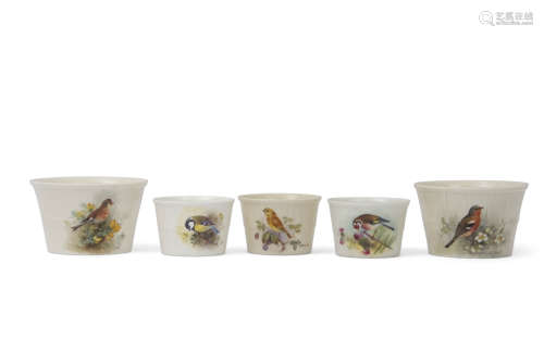 Group of five Royal Worcester small bowls, all well painted with birds by William Powell, with