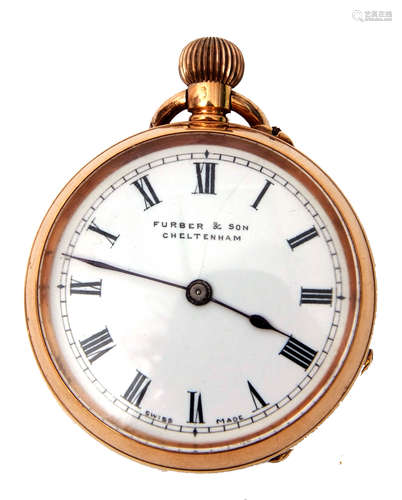 First quarter of 20th century ladies 14K gold cased fob watch with blued steel hands to a white