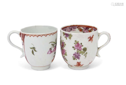 Two 18th century Lowestoft porcelain coffee cups, both with polychrome designs, one in so-called