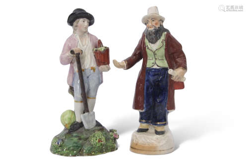 Early 19th century Staffordshire figure of a gardener raised on green floral base, together with a