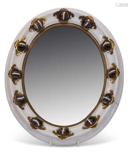 Arts & Crafts period oval wall mirror, the white painted frame applied with gilt metal mounted agate