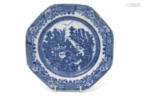 Late 18th century English porcelain plate of octagonal form, probably Caughley, with a printed
