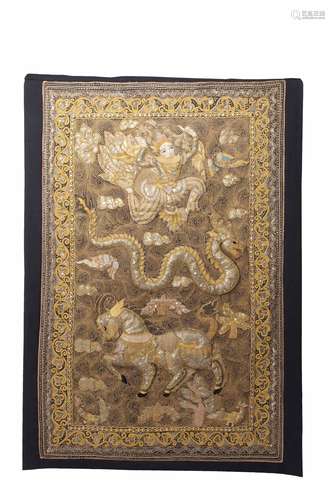 Burmese gold thread decorated wall hanging, the centre depicting a mythological scene of figure,