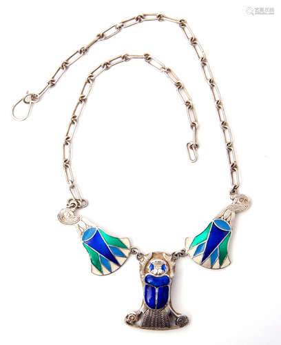 Vintage Egyptian revival white metal and enamel scarab necklace, the triangular enamel scarab