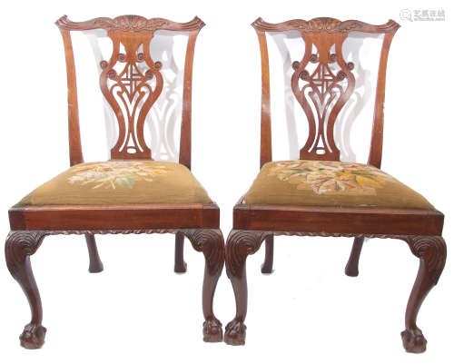 Set of 5 Chippendale style mahogany dining chairs, elaborate pierced splat backs, old tapestry