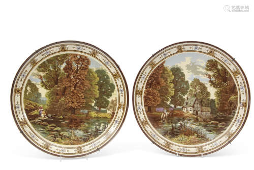 Pair of Minton plaques possibly designed by W S Coleman, both with pastoral scenes within a