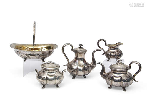 Extensive mid-19th century Russian silver tea and coffee service of panelled circular baluster form,