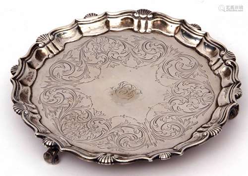 George II waiter of shaped circular design with wavy and shell edge, later foliate engraved centre