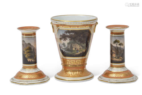 Late 18th century Worcester (Barr) jardiniere and two matching candlesticks, the Barr orange