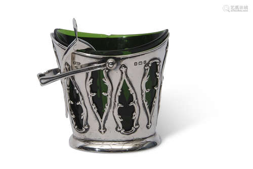 Edward VII sugar pail with cartouche cut outs to the body, plain oval foot, beaded swing handle,