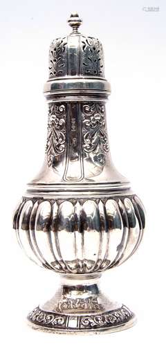 Large late Victorian sugar caster of circular baluster form with fluted and embossed body, urn