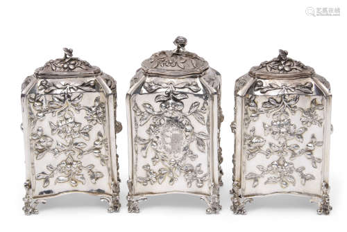 Fine set of three early George III tea caddies of bombe sided rectangular and square form, each