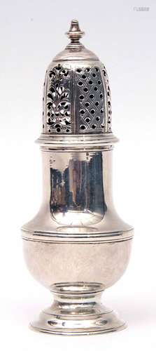 George II muffinier of usual plain baluster form with foliate pierced domed lid, urn finial,