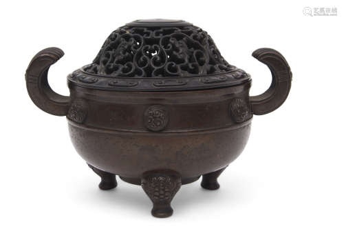 Chinese bronze, possibly Ming dynasty, the body with applied florettes and the censer on three