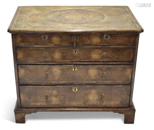 Early 18th century style walnut oyster veneered chest of two short and three full width graduated