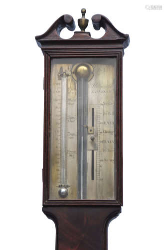Malacrida, London 18th century mahogany cased stick barometer with silvered vernier and