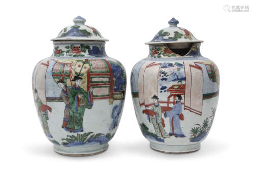 Pair of Chinese porcelain Wucai jars and associated covers, probably transitional period, the jars