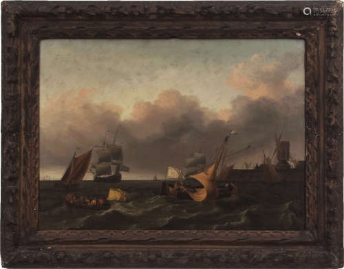 Charles Martin Powell (1775-1824) Shipping off a harbour with windmill oil on canvas, 54 x 74cms NB: