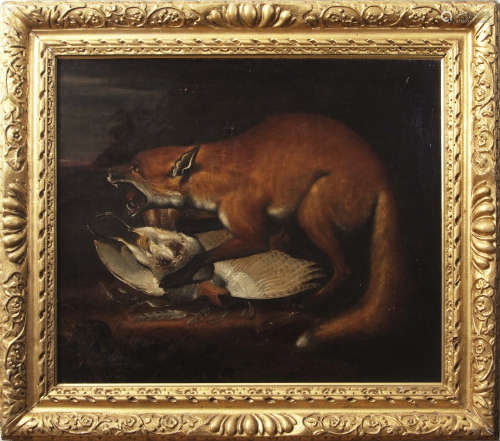 Attributed to Pieter Andreas Rysbraeck (1690-1748) Fox with game bird oil on canvas, 62 x 74cm