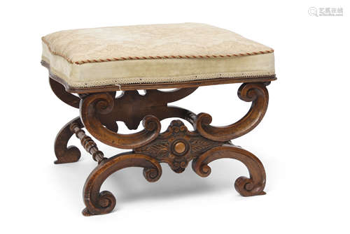 Mid-19th century walnut framed foot stool with double C scrolled ends and ring turned joiners, and