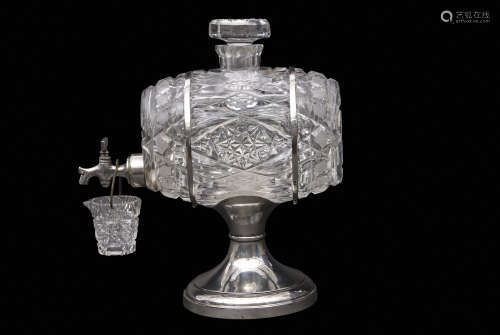 Unusual George V cut glass sherry or spirit decanter of barrel form with removable stopper, plated