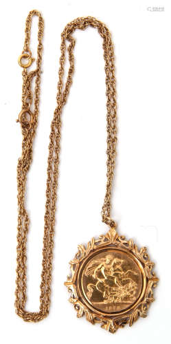 Elizabeth II sovereign dated 1978, framed in a 9ct gold pendant mount, suspended from a 9ct