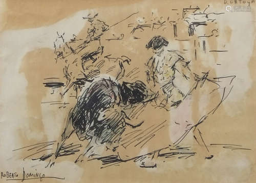 AR Roberto Domingo (1883-1956) Matador with bull pen, ink and wash, signed lower left, inscribed 