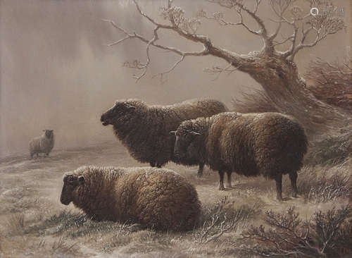 Charles Jones (1836-1892) Sheep in winter landscape oil on panel, monogrammed lower right, 17 x