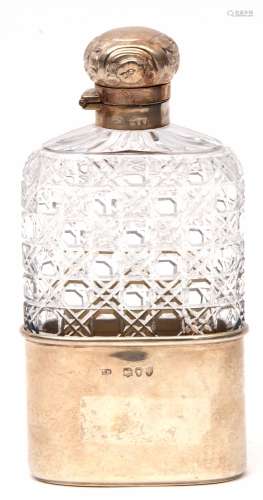 Late Victorian hobnail cut spirit flask with embossed silver bayonet lid and plain detachable beaker